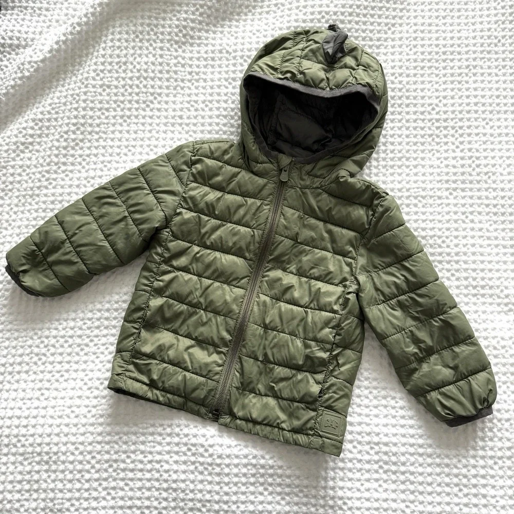 Gap Dinosaur Puffer Jacket Baby Size 2T Green Outdoors Hiking Camping Winter